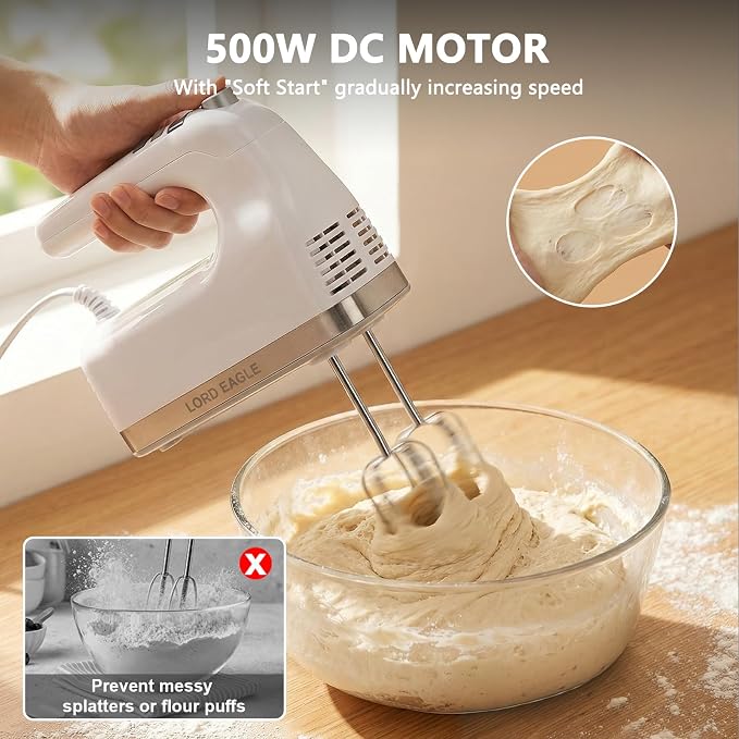 Lord Eagle 9-Speed Digital Hand Mixer Electric Handheld, 500W DC Motor | Kitchen Mixer for Cake Baking, Lightweight Egg Beaters with Stain-resistant & Waterproof Storage Bag & 6 Accessories
