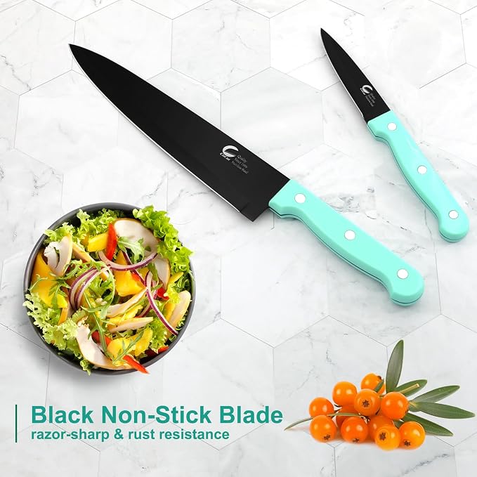 16-Piece Kitchen Knife Set with Block - High Carbon Stainless Steel Knives, Black Non-Stick Coating, Triple Riveted Forged Turquoise Handle, Dishwasher Safe, Includes Knife Sharpener, Scissors