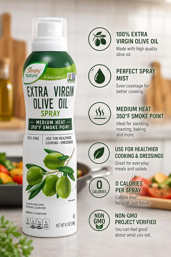 1 Bottle - Extra Virgin Olive Oil Cooking Spray – (4.7 fl oz) | Non-GMO Simply Nature All Natural Cooking Spray for Healthy Cooking Baking & Grilling Heart Healthy Olive Oil Mist for Everyday Use