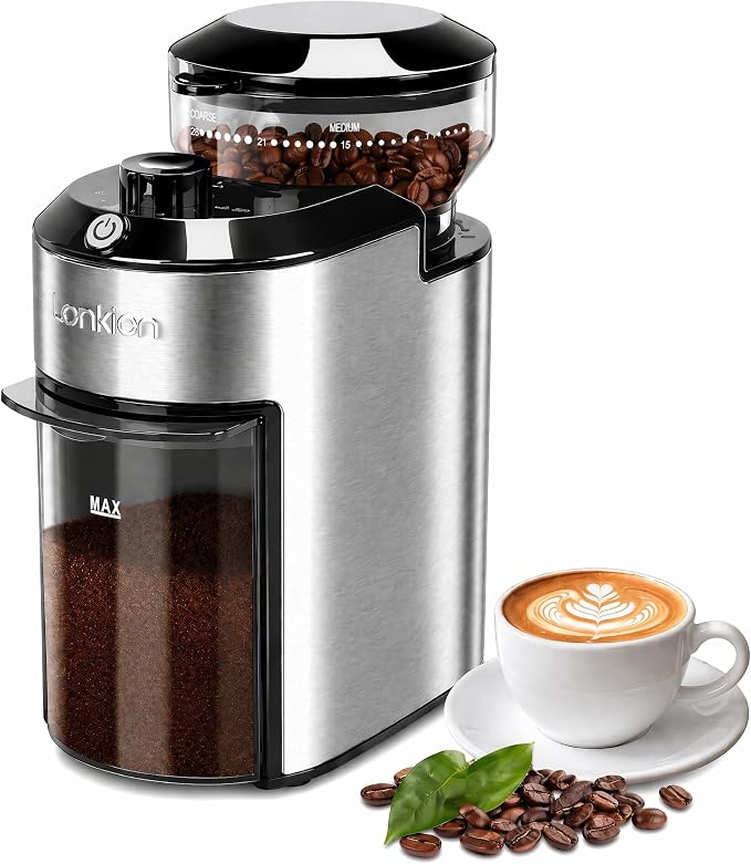 Lonkion Coffee Grinder - Electric Burr Coffee Grinder with 28 Adjustable Settings for Espresso, Drip, French Press - Stainless Steel Coffee Bean Grinder with Anti-Static, 2-12 Cup for Home Use, Black
