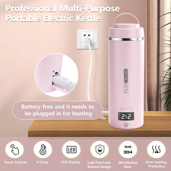 Travel Kettle, Portable Electric Kettle for 4 Temperature Controls, Pink | 304 Stainless Steel Liner, Auto Shut-off, 300W (120V) Fast Boiling, Water Bottle for Business Trips, Dorm & Office, 450ml