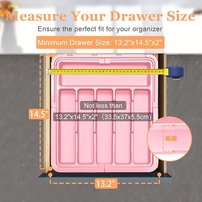 Silverware Organizer Expandable Kitchen Utensil Drawer Organizer Large BPA Free Adjustable Cutlery Silverware Tray for Spoons Forks Knives Storage Divider for Kitchen Flatware 6-9 Slots Pink