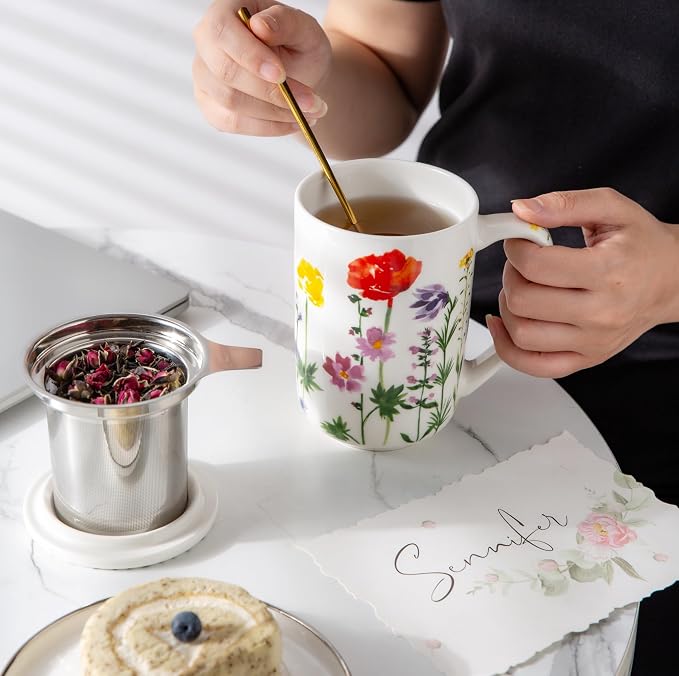 AmorArc Tea Cup With Infuser and Lid, 18oz Loose Leaf Tea Mug With Steeper | Porcelain Tea Mug With Infuser and Lid, Large Strainer Tea Cup with Lid for Tea, Coffee Mug for House-warming Birthday Gift