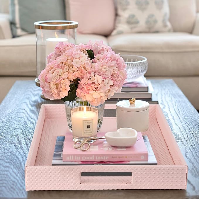 HofferRuffer Rectangle Serving Tray with Hole Handles for Coffee Table, Breakfast, Tea, Food, Butler - Countertop, Kitchen, Vanity Serve Tray, 16.2 x 12.2 x 2 inches, Faux Leather (Pink)