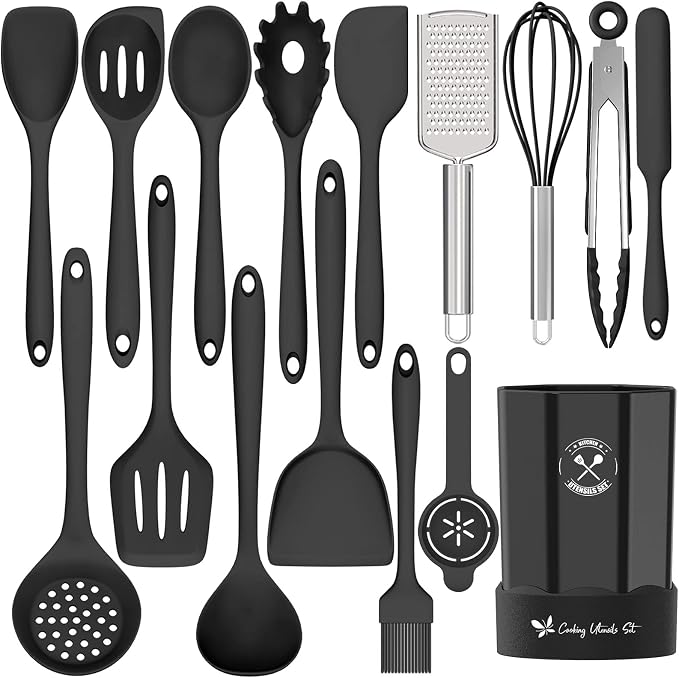 Silicone Kitchen Utensils Set, 16-Piece Silicone Cooking Utensils by Deedro | Heat Resistant Kitchen Tools Set with Holder, Nonstick Spatula Kitchen Gadgets for Cooking & Baking, Black