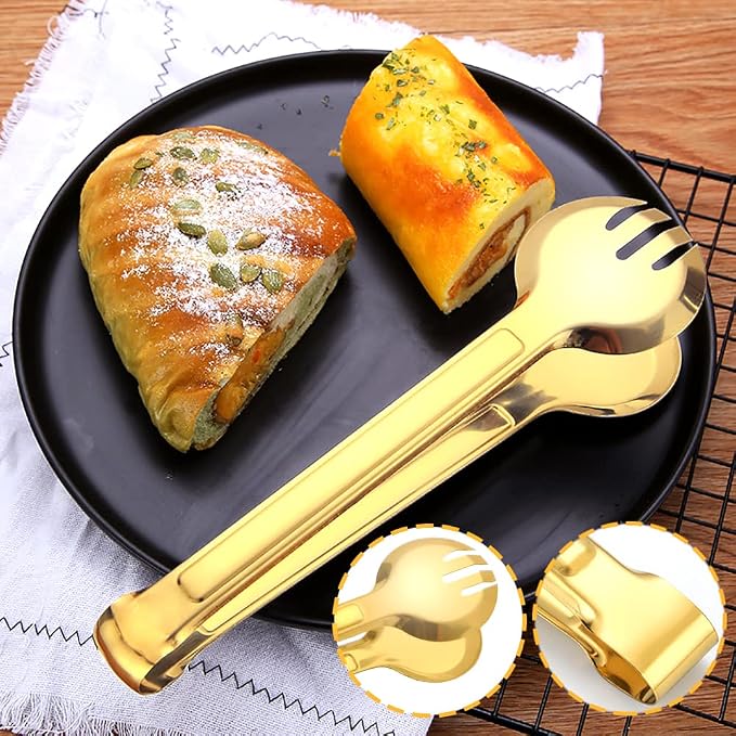 12 PCS Stainless Steel Serving Utensils, Large Spoons Slotted Spoons Forks Tongs, Ice Suger Tongs, Pie Server, Butter Knife, Coffee Spoons, Great for Buffet Catering Banquet Party, Gold