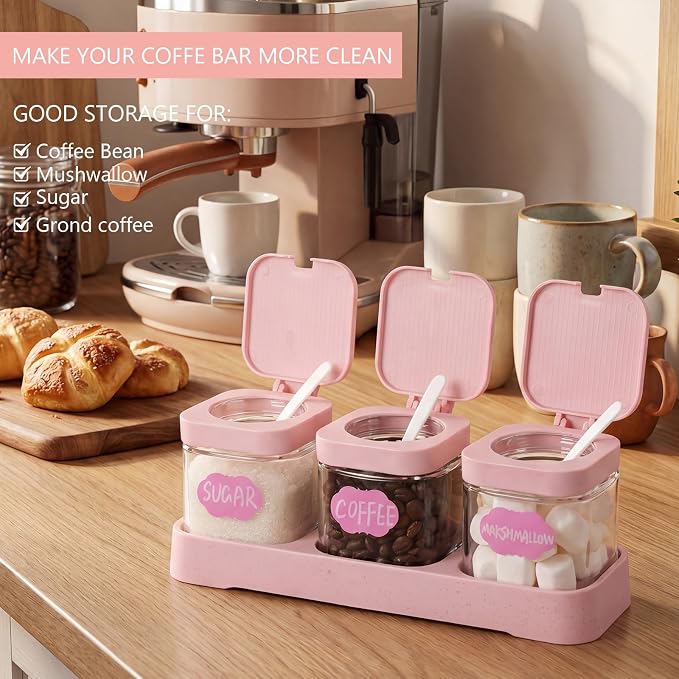 3 Pcs Glass Coffee Containers Coffee Station Organizer Set, Airtight Bean Storage Jars with Shelf,labels,spoon, Base and Pen,for Sugar, Candy, Oats, Nuts (Pink)