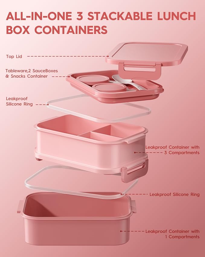 Adults Bento Lunch Box Set with Thermo Bag, 74oz Stackable Leak-proof 3-tiers Bento Box, Built-in Utensil and Sauce Container for Work, School, Dining Out (Pink)