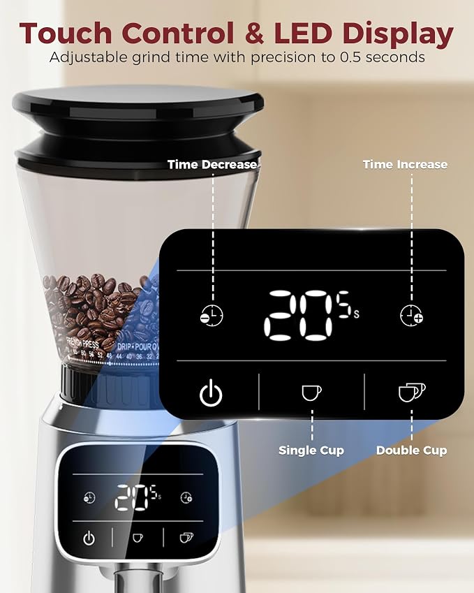 Tuni G2 Conical Burr Coffee Grinder, 70 Grind Settings, Stainless Steel | Electronic Anti-static Burr Grinder with Precision Timer LED Touchscreen for Espresso/Drip/Cold Brew/French Press, Silver