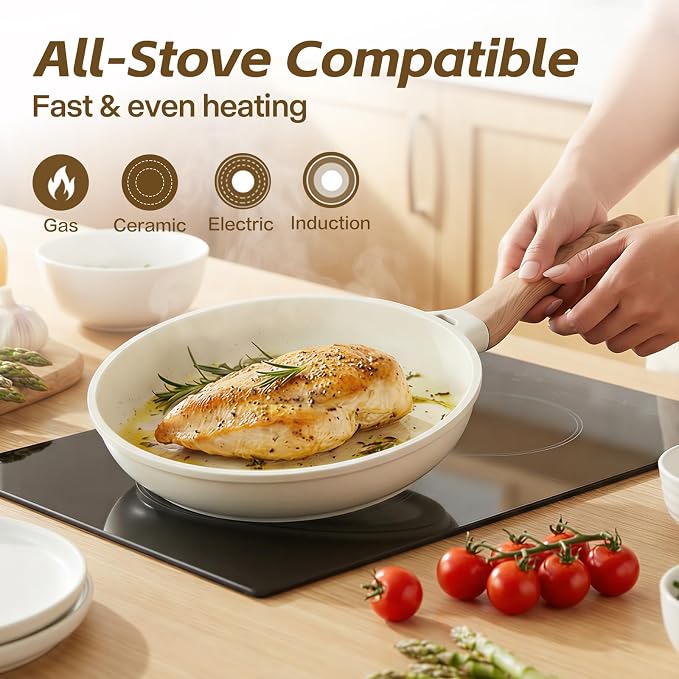UESLUCK 8 Inch Creamic Non Stick Frying Pan With Lid- Small Creamic Skillet With lid, Egg Pan Non Stick With Cool-Touch Handle, PFAS & PTFE Free, Compatible with All Stovetops