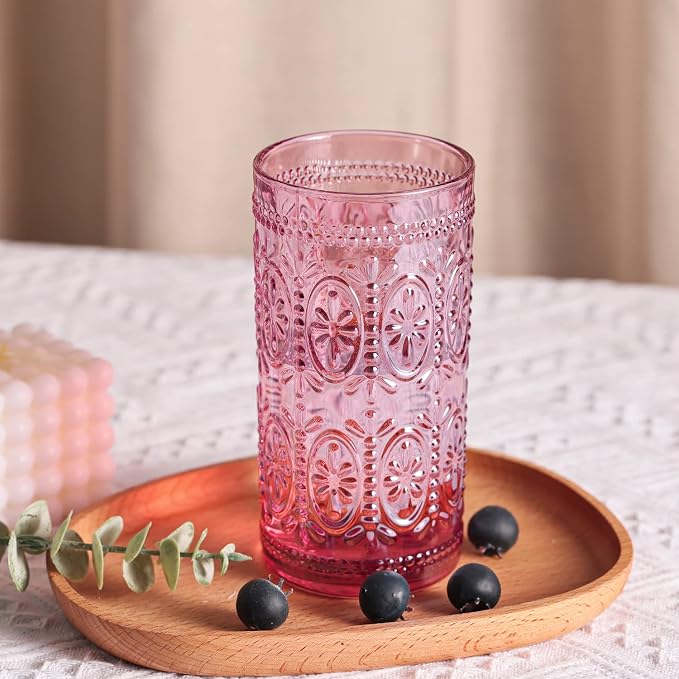 Darlion Vintage Glassware, Pink Glasses Drinking, 12oz Highball Glasses | Lead-Free Glass, Food Grade Glass, Durable&Sturdy, Vintage Decoration