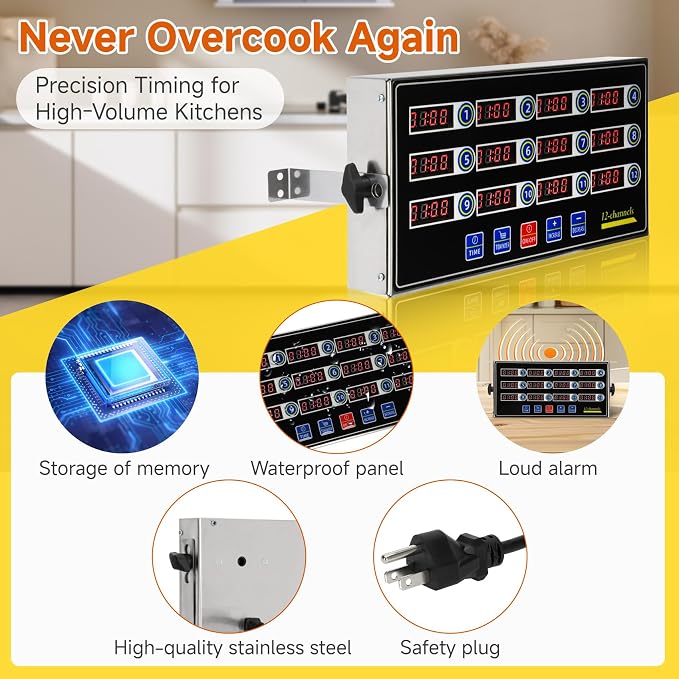 Commercial Kitchen Timer for Cooking, 12 Channel Timer Restaurant Kitchen Supplies, Heavy-Duty Timer - Stainless Steel | Digital LED Technology | Reminder Function | Loud Alarm