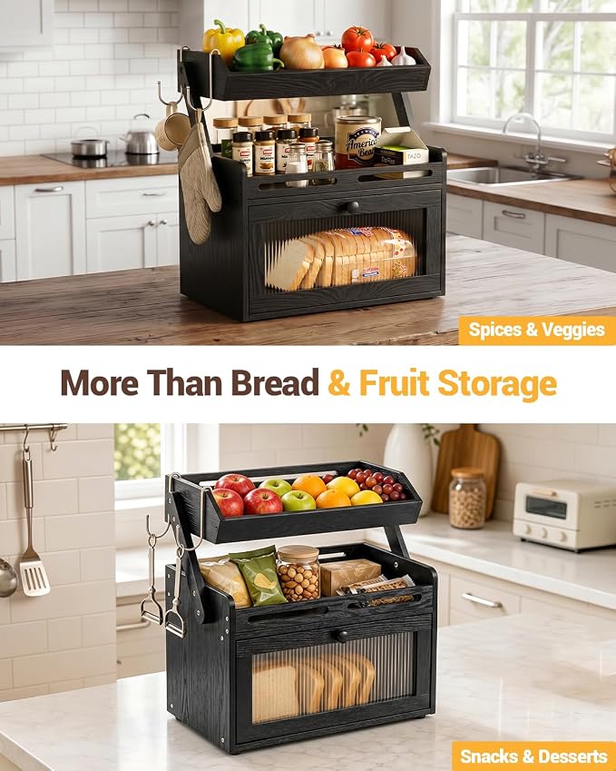 Bread Box for Kitchen Countertop, Bamboo Bread Storage with Fruit Basket | Black, Raised-Rail Shelves, 2 Banana Hooks, Clear Window, Magnetic Closure, Keeps Loaves, Jars, Snacks, Bananas Organized