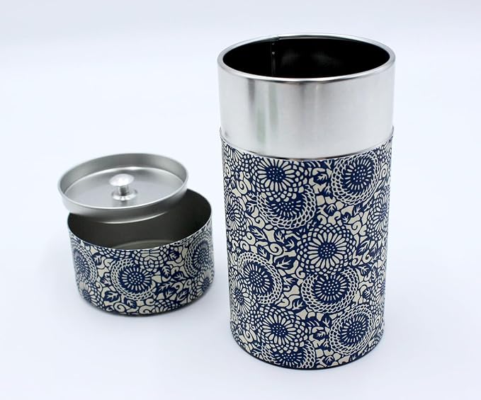 Japanese Pokkan Matcha Coffee Spice Tea Tin Canister Washi Paper Storage with Lid 7.05 oz Capacity (Kiku Karakusa)