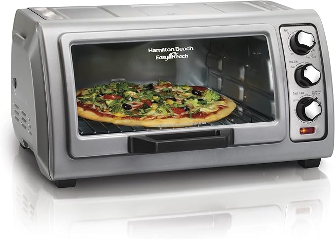 Hamilton Beach Easy Reach 6 Slice Countertop Toaster Oven | Roll-Top Door For Easy Access | Bake, Broil & Toast Functions | 150 to 450ºF Adjustable Temp | Auto Shutoff | Silver