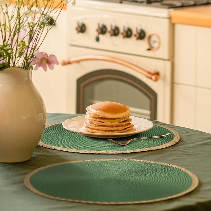 Round Placemats Set of 6, Woven Table Mats, Thin Edge, Green | Braided Paper Edge, 15 Inch Diameter, Fits Dinner Plate and Flatware, Wipeable, Heat Resistant, Indoor Dining, Outdoor Patio