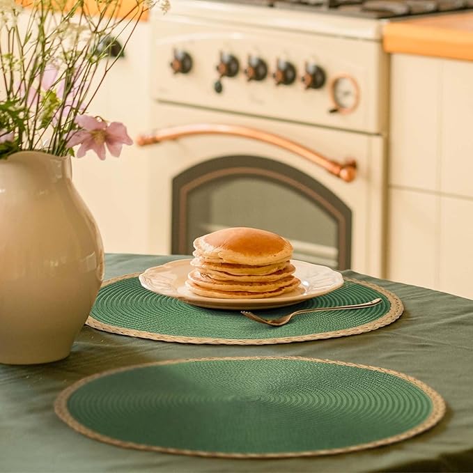 Round Placemats Set of 4, Woven Table Mats, Thin Edge, Green | Braided Paper Edge, 15 Inch Diameter, Fits Dinner Plate and Flatware, Wipeable, Heat Resistant, Indoor Dining, Outdoor Patio