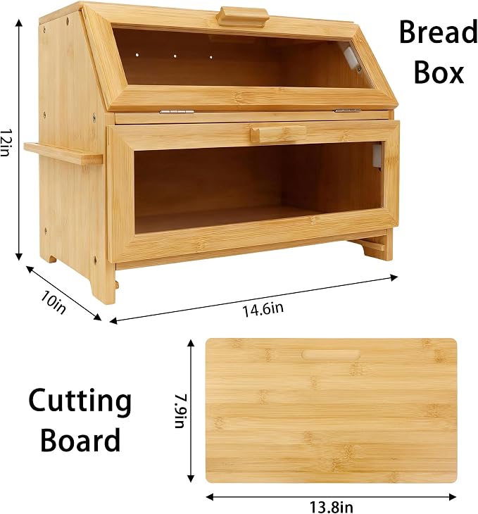 Bamboo Bread Box for Kitchen Countertop,Large Bread Storage Container with window,Modern Bread Storage Bin with Tool Holder for Homemade Bread Organizer (Double Layer)