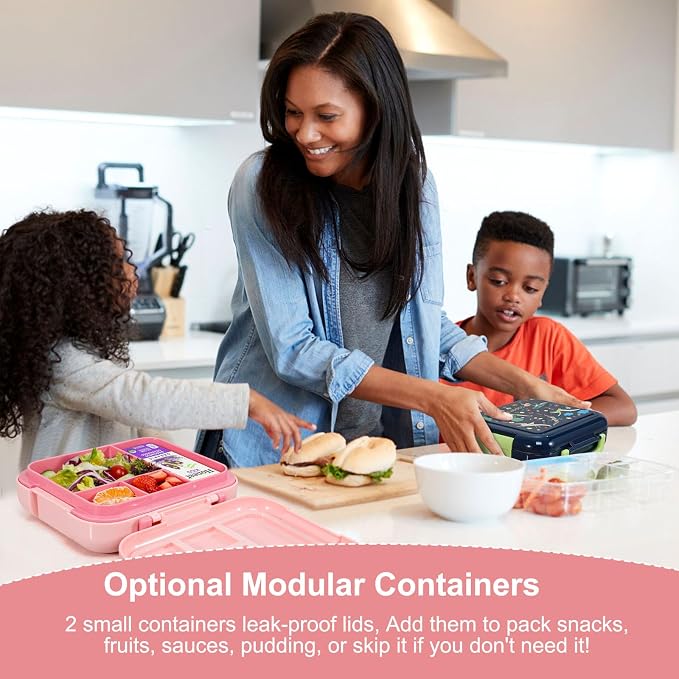 Caperci Bento Box for Kids Age 4-8 - Leak-Proof Toddler Lunch Box Container with 2 Modular Containers & 4 Compartments, Hold 4.8 Cups, Portable Handle, BPA-Free, Microwave/Dishwasher Safe (Mermaid)