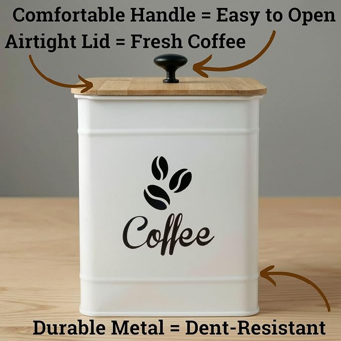 Airtight Coffee Canister 40 oz, 6"x 8" Metal Jar w/ Rubber-Lined Bamboo Lid | 40oz Large Iron, Airtight Coffee Container, Bamboo Lid, Stylish Countertop Container for Coffee Grounds, Beans, Pods & More