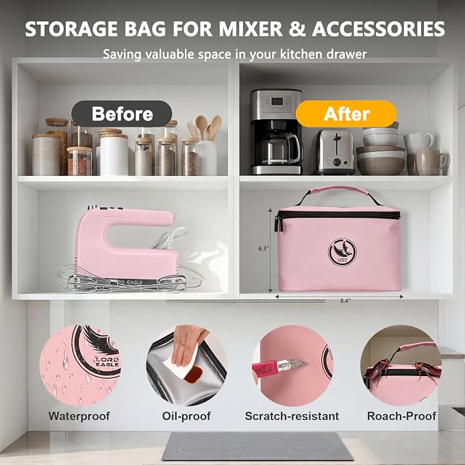 Lord Eagle 9-Speed Digital Hand Mixer Electric Handheld, 500W DC Motor | Kitchen Mixer for Cake Baking, Lightweight Egg Beaters with Stain-resistant & Waterproof Storage Bag & 6 Accessories, Pink