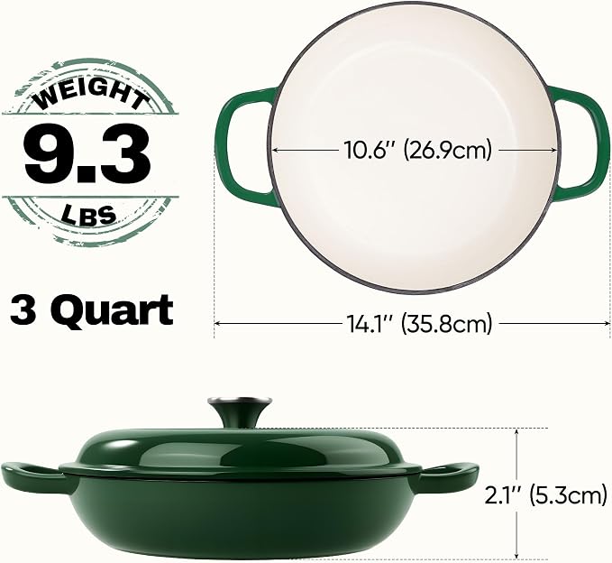 3 Quart Enameled Cast Iron Braiser, Non Stick Enameled Cast Iron Skillet with Lid, Dutch Oven Skillet with lid up to 500°F for Oven, Stove, Grill, Shallow Dutch Oven for Cook, Bake (Green)