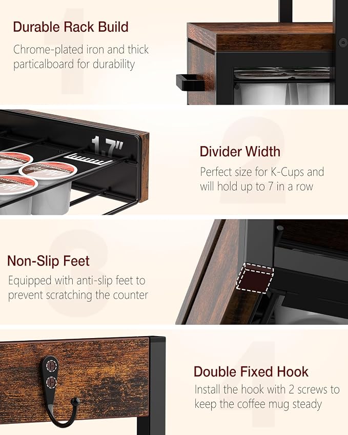 Evermagin K Cup Holder, Coffee Pod Holder Compatible with Keurig | K cup organizer for 35 Pods, Coffee Station Organizer for Countertop with 8 Mug Hooks, Easy Assembly, Rustic Brown