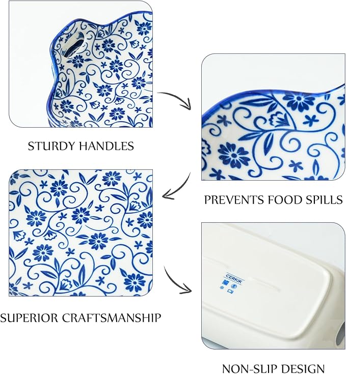 Serving Tray with Handles - 12 Inch Large Ceramic Rectangle Turkey Serving Platter for Food Meat - Porcelain Serving Dish for Entertaining Thanksgiving - Oven Safe - Set of 4 - Vintage Blue