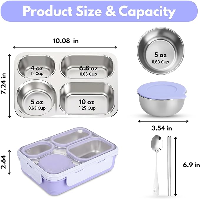 Homaze Kids Adults Stainless Steel Bento Box, 4-Compartment Metal Lunch Box