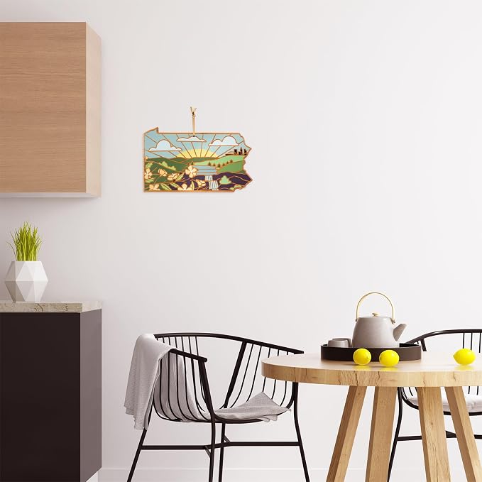 Totally Bamboo Pennsylvania State Shaped Cutting Board, Summer Stokes Art | State charcuterie board with colorful hand-drawn landscape art. Smooth reverse side for food prep. Hang tie for wall display.