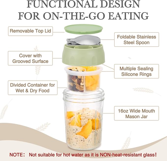 SOLIGT 2 Pack Overnight Oats Containers with Lids (White/Organic Green) | Folding Spoons and Divided Compartments for Fruit&Nuts, Small Glass 16oz Mason Jars for Oatmeal Yogurt Parfait