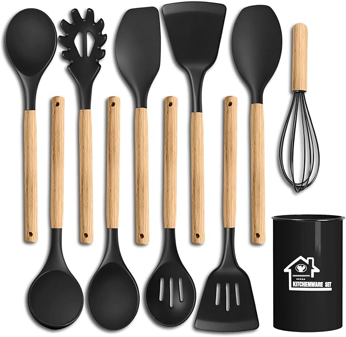Silicone Cooking Utensil Set,10 PCS Cooking Kitchen Utensils Set, Nonstick Kitchen Utensils 446°F Heat-Resistant Cookware Tools of Spoon,Brush,Whisk,Spatula,Turner Tongs (Black)