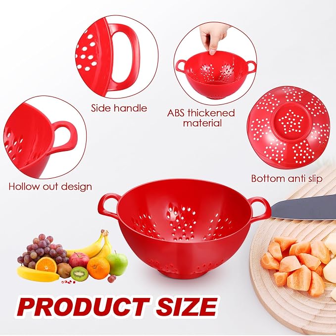 4 Pack Mini Colander for Kitchen Plastic Berry Strainer with Double Handles 7.5 x 6 x 3 Inch Small Colander Strainer for Fruits Vegetables Food (Red)