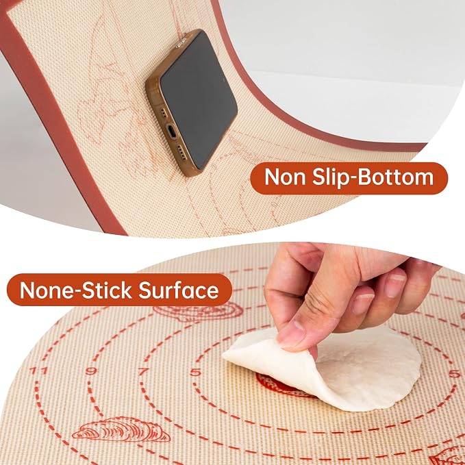 Silicone Baking Mat with 10 Recipes, Extra Thick Silicone Mats for Baking, Non Stick Pastry Mat for Rolling Dough, Silicone Macaron Baking Mat for Cookie,Bread,Pizza,Fondant Mat, Oven&Dishwasher Safe