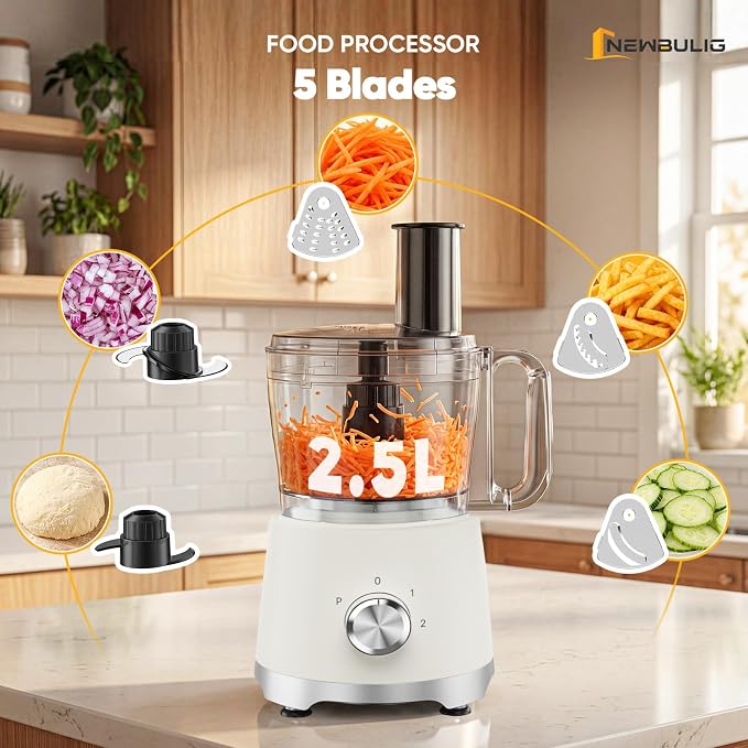 NEWBULIG 10.5 Cups Food Processor, Versatile Food processors with 5 Blades, 600W Powerful Meat Grinder for Slicing, Shredding, Chopping, Kneading, Dishwasher Safe, for Meat, Vegetables, Fruit, Dough
