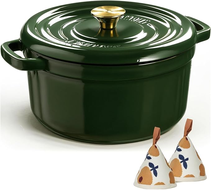 Overmont Enameled Cast Iron Dutch Oven - 5QT Pot with Lid Recipe Potholders | Pre-Seasoned Dutch Oven with Moisture-Sealing Lid, Oven Safe to 500°F, Heavy-Duty Cookware for Braising Stews Roasting Baking