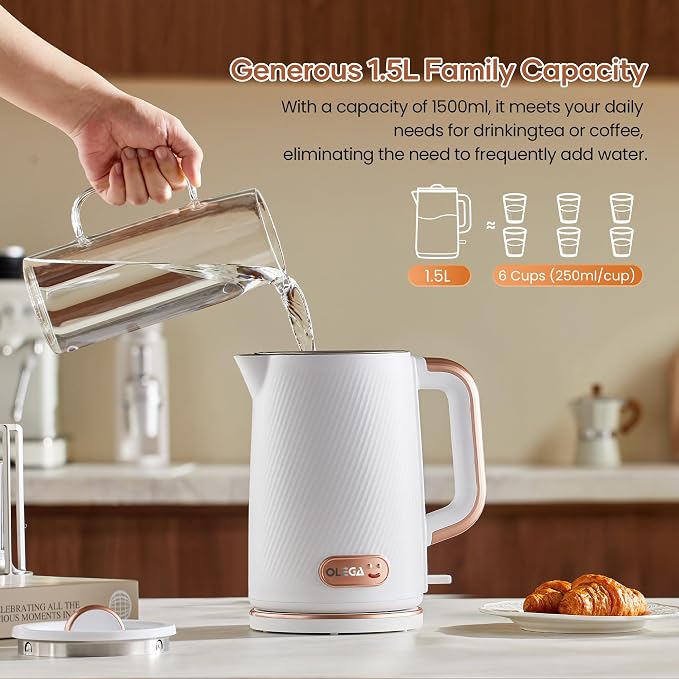 OLEGA Electric Tea Kettle: 1200W Fast Boil Electric Water Kettles 1.5L | Stainless Steel Kettle; Large Electric Water Kettle; Plastic Free Teapot; Auto Shut-Off Water Boiler; Fast Boil Kettles