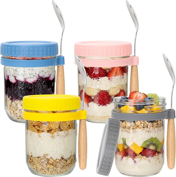 CycleMore 4-Pack 16 oz Overnight Oats Containers with Airtight Lids, Colorful Lids & Spoons, Wide Mouth Mason Jars, Glass Food Storage Containers for Snacks, Yogurt, Cereal, Fruit