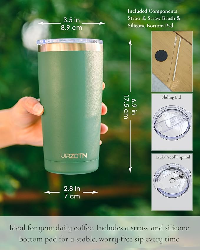 20oz Travel Coffee Tumbler with 2 Lids and Straw, Stainless Steel | Double Wall Vacuum Insulated Tumbler, Coffee Mug for Hot & Cold Drinks, Fits Most Car Cup Holders, Sage