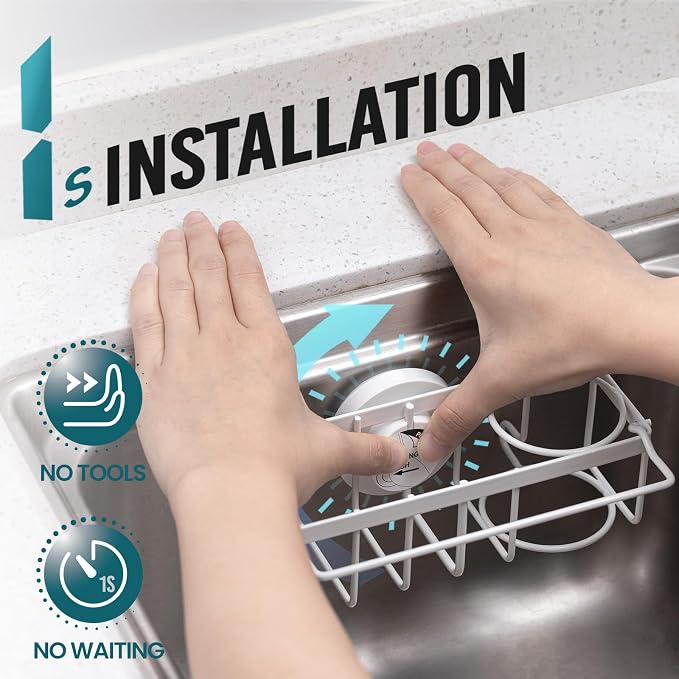 TAILI 4-in-1 Sink Sponge Holder for Kitchen with Strong Suction Cup-White | Removable Sink Caddy with Suction Cup, Rustproof 304 Stainless Steel Multi-compartment Sink Organizer for Sponge, Brushes