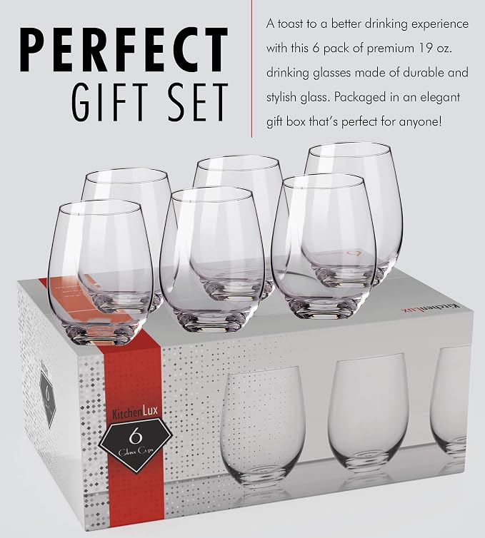 Kitchen Lux Stemless Wine Glasses Set of 6, 18oz Wine Glass – Stemless Wine Glass & Cocktail Tumbler Set – Premium Glass Drinking Cups in Bulk– Deluxe Gift Pack Short Wine Glasses, Dishwasher Safe