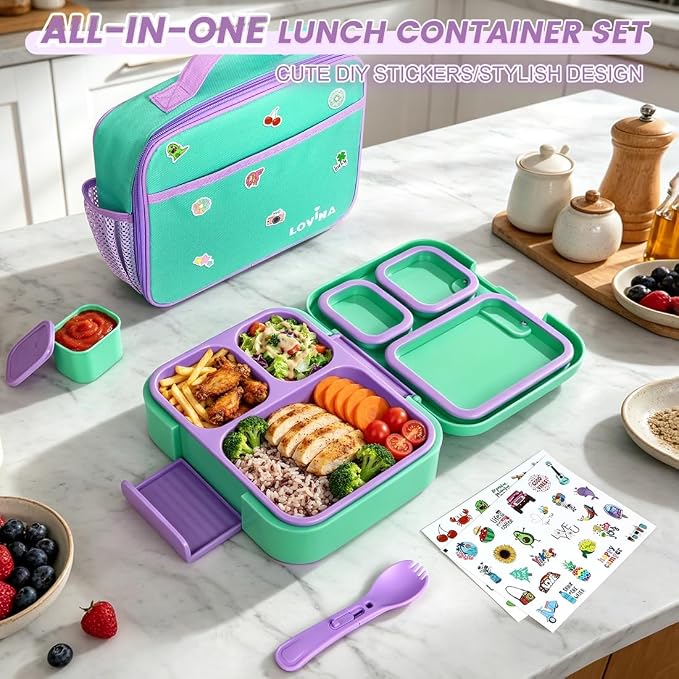 LOVINA Bento Lunch Box Set For Kids Adult With Thermo Bag, BPA-Free | 36OZ Leak-Proof Lunch Box Kids Kit, All-in-One Kit with DIY Stickers Sauce Cup for Work, School, Dining Out(Aqua Green)
