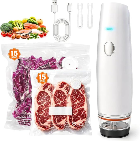 -80kPa Compact Vacuum Sealer for Food (Vacuum Sealer Machine + 30 Reusable Bags), Cordless Handheld Vacuum Sealer Machine Portable Mini Food Sealer for Sous Vide & Meal Prep-White