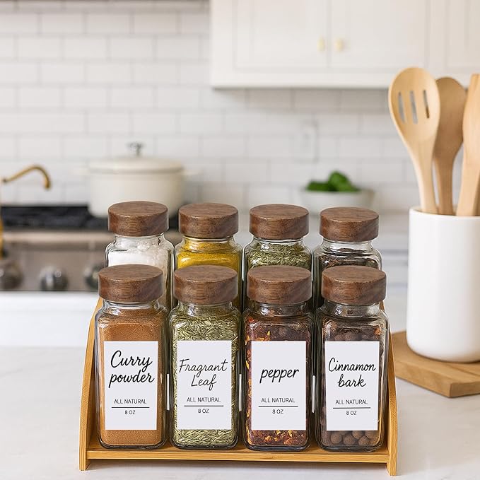 8Oz 8Pcs Glass Spice Jars with Label, Seasoning Containers, Spice Containers with Bamboo Lids & Pen, Empty Spice Bottles for Salt, Herbs, Sugar, Pepper (Acacia Wood Color)