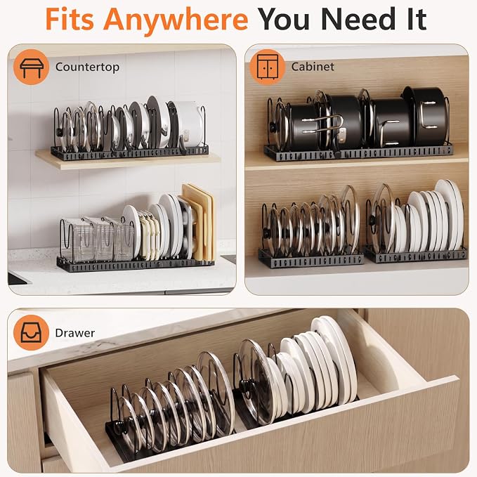 HzTinT 2 Pack Expandable Pots and Pans Organizer Under Cabinet, 24 Dividers | Pot Lid Organizer with Solid Steel Base, 23" Pan Organizers Inside Cabinet with Adjustable Dividers for Pots, Pans & Bakeware