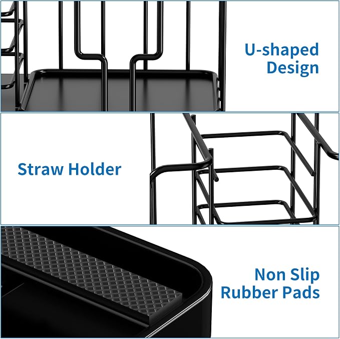 Coffee Cup and Lid Holder, All-Metal 3-Compartment Organizer Rack | 18oz Disposable Cup, Cup Lid and Straw Storage for Countertop, , Kitchen, Office Breakroom, Coffee Bar Accessories, Black