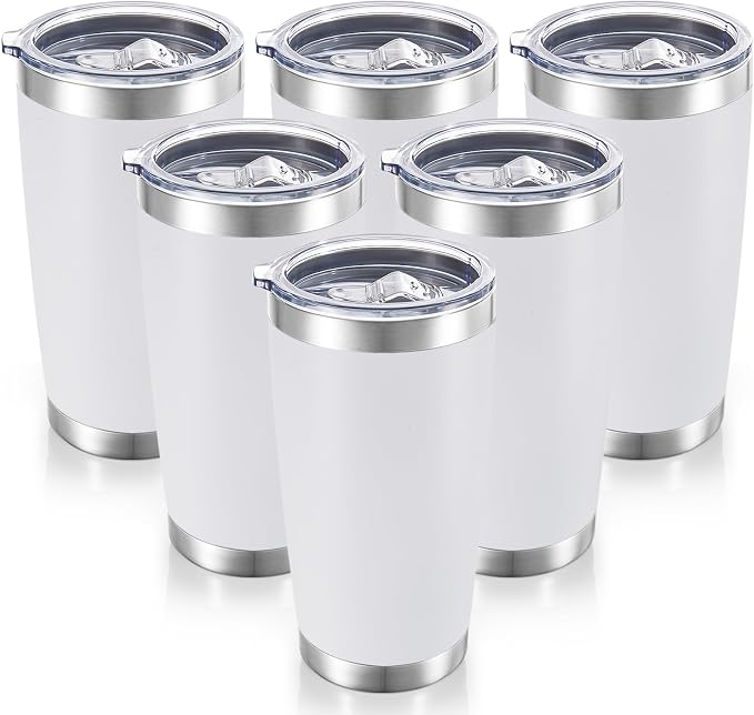 20 oz Tumblers Bulk Stainless Steel Tumbler with Lid, 6 Pack | White, 20oz Insulated Coffee Mug, Double Wall Vacuum, Powder Coated Cup, for Hot and Cold Drinks