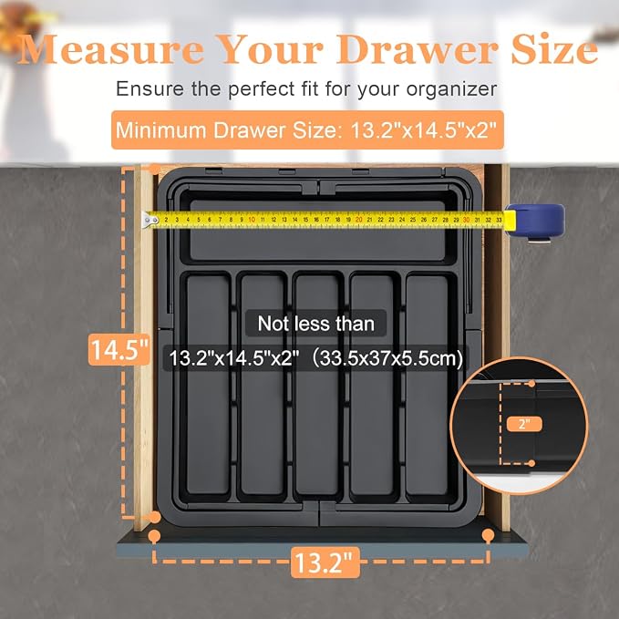 Silverware Organizer Expandable Kitchen Utensil Drawer Organizer Large BPA Free Adjustable Cutlery Silverware Tray for Spoons Forks Knives Storage Divider for Kitchen Flatware 6-9 Slots Black