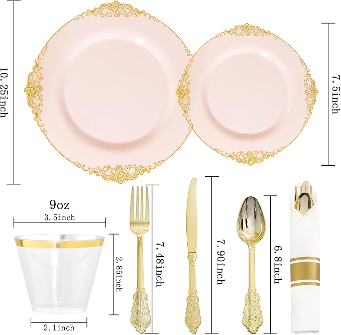Nervure 175Pcs Pink Plastic Plates, Disposable Party Plates for 25 Guests | 25 7.5" Dessert & 25 10.25" Dinner Plastic Plates, 75 Gold Cutlery, 25 9oz Cups, 25 Napkin for Wedding & Party, BPA-free