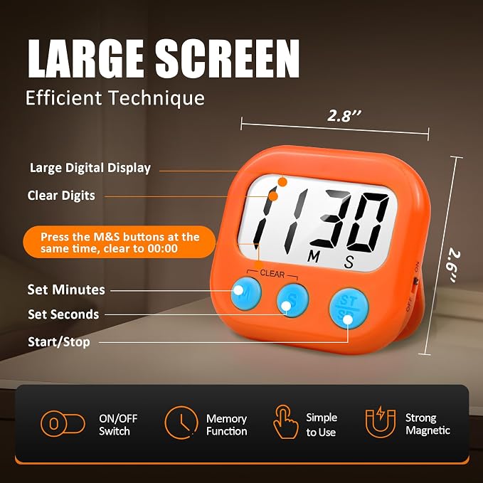 6 Pack Digital Kitchen Timer for Cooking Big Digits Loud Alarm Magnetic Backing Stand Cooking Timers for Baking Orange